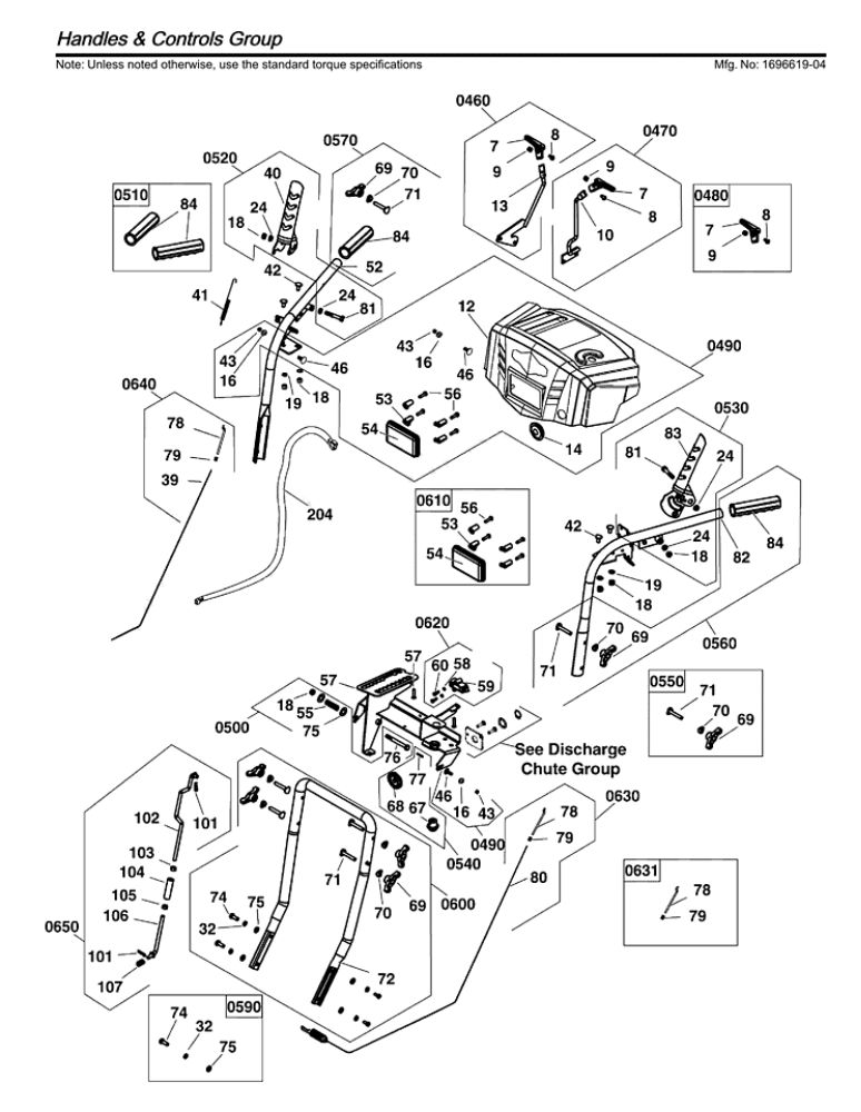 Handles And Controls Diagram and Parts List for 1696619-04  Briggs and Stratton Snow Blower